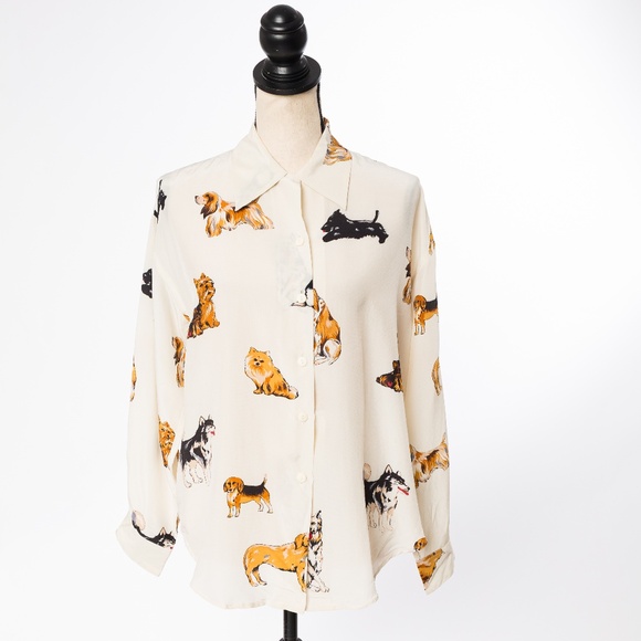 100% silk dog lover blouse cream Fu Da size M - Picture 3 of 12